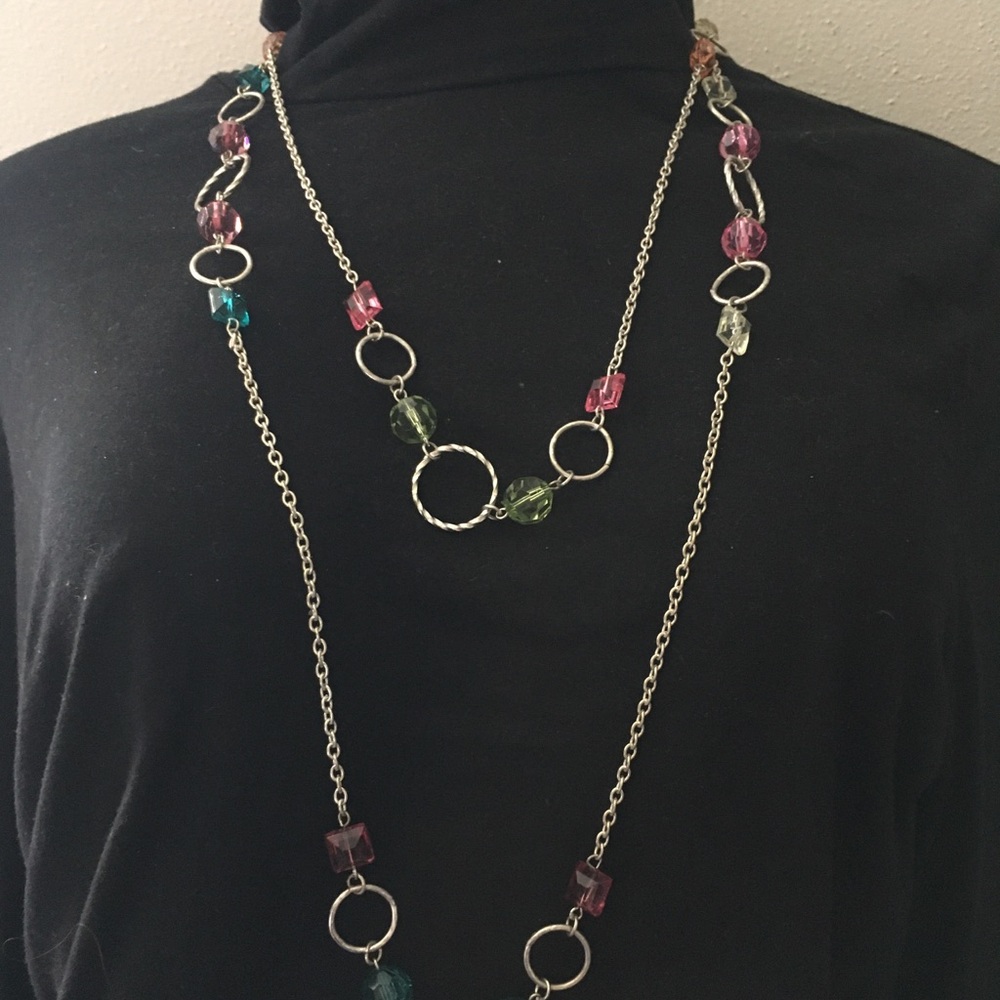 Long Multi-Color Beaded Link Necklace - Silver-Tone Chain